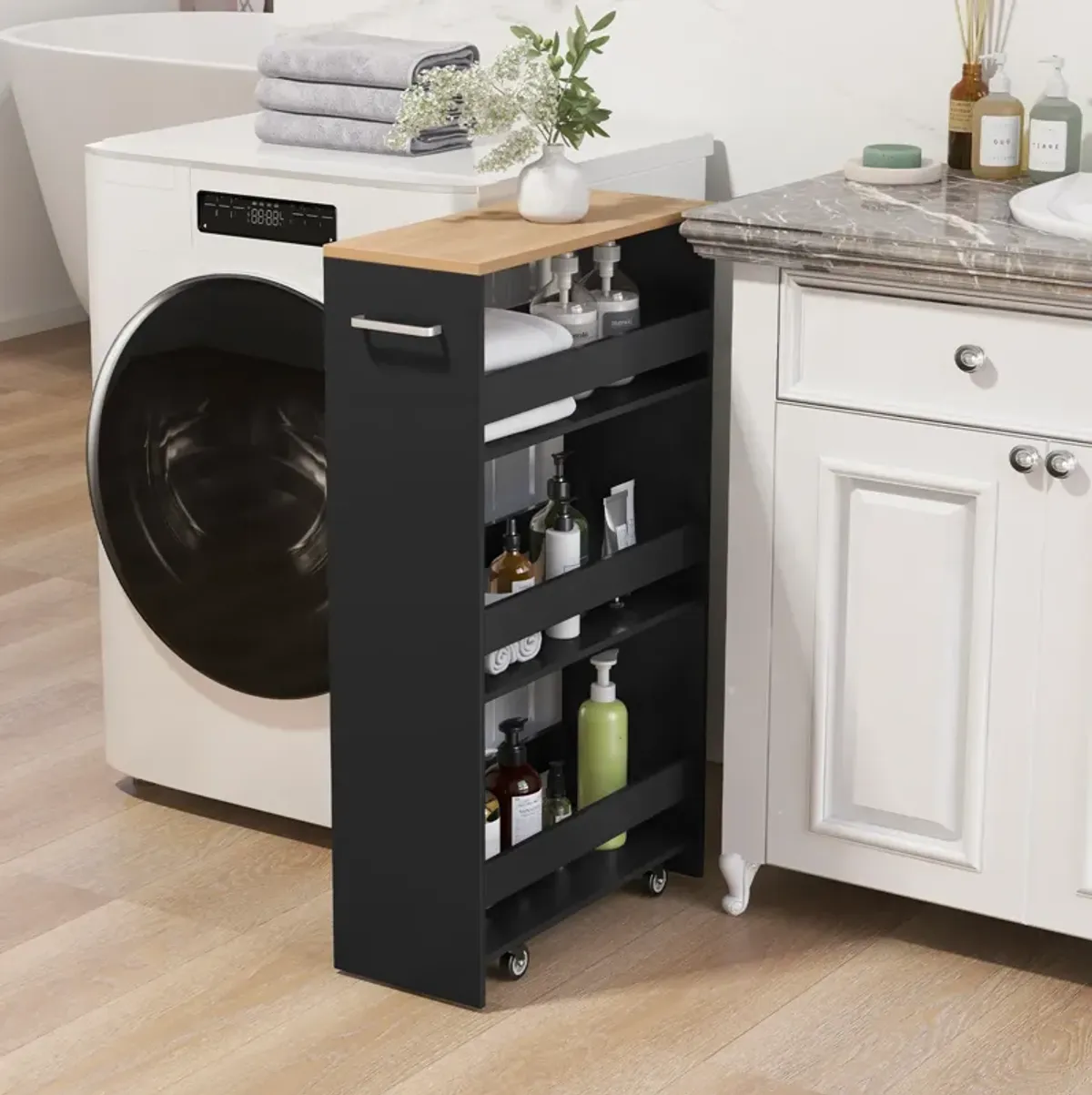 4-Tier Rolling Storage Cart with Wheels, Open Shelves, and Handle for Kitchen Organization