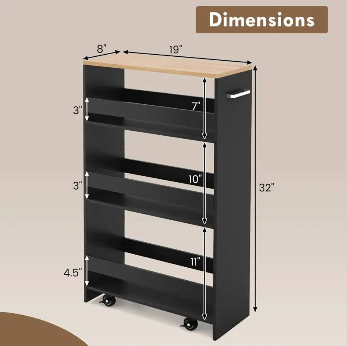 4-Tier Rolling Storage Cart with Wheels, Open Shelves, and Handle for Kitchen Organization