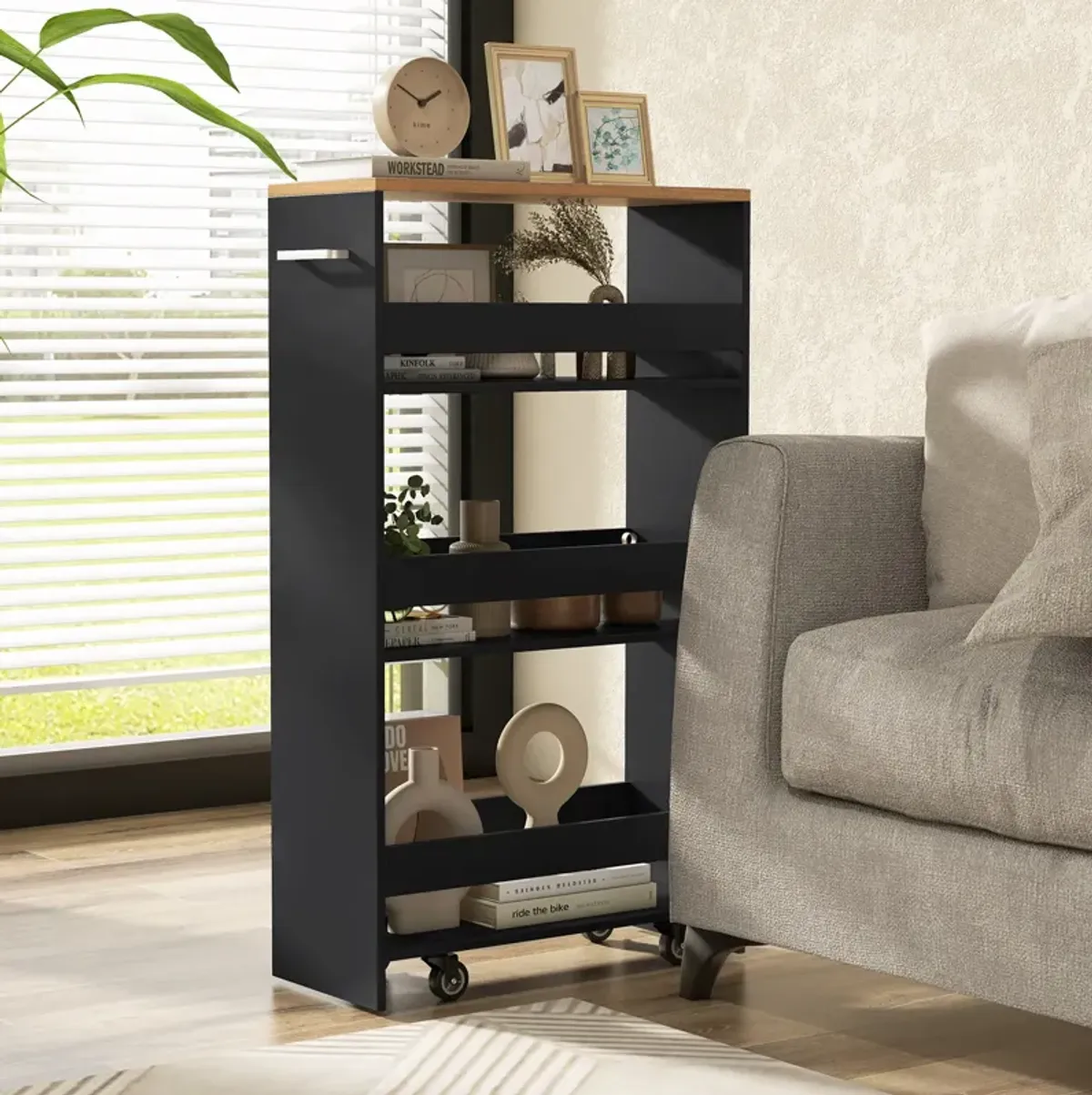 4-Tier Rolling Storage Cart with Wheels, Open Shelves, and Handle for Kitchen Organization