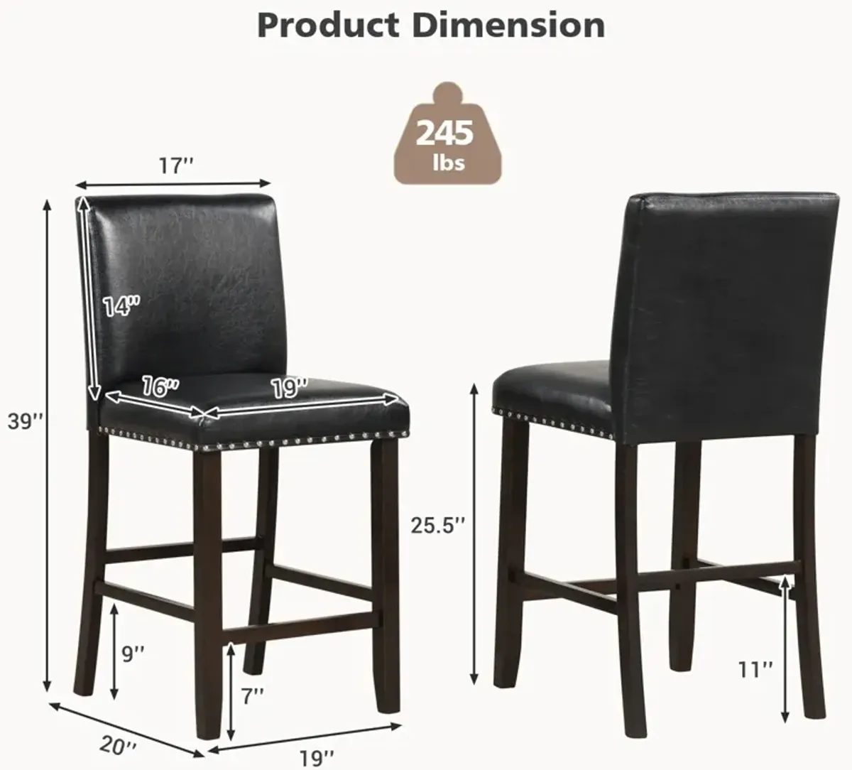 Set of 2 Bar Stools with Back for Kitchen Island