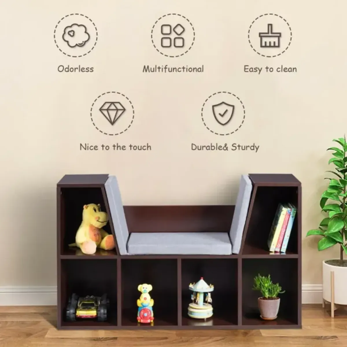 Hivvago 6-Cubby Kid Storage Bookcase Cushioned Reading Nook