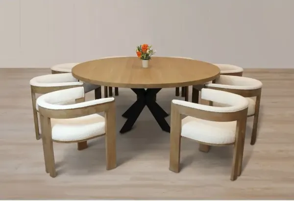 9-Piece 72 Dining Set 8 Trish Arm Chairs in Ivory Boucle Linen Fabric