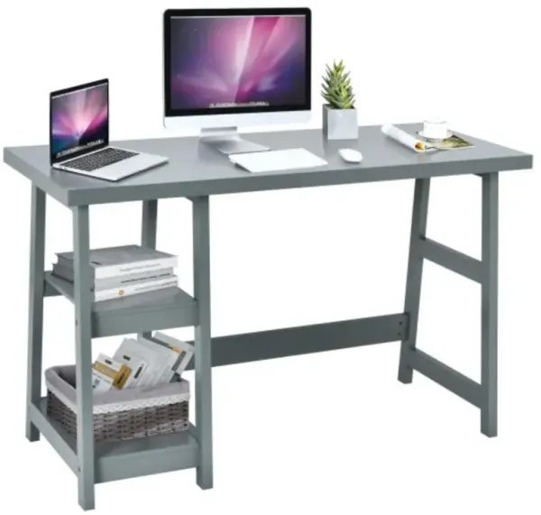Hivvago Wooden Trestle Computer Desk with 2-Tier Removable Shelves