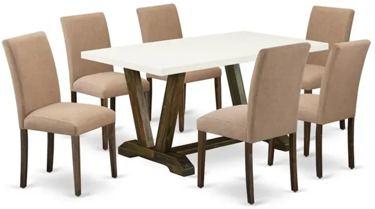 East West Furniture 7-Pc wooden dining table set Includes 6 Modern Chairs with Upholstered Seat and High Back and a Rectangular Modern Dining Table - Distressed Jacobean Finish