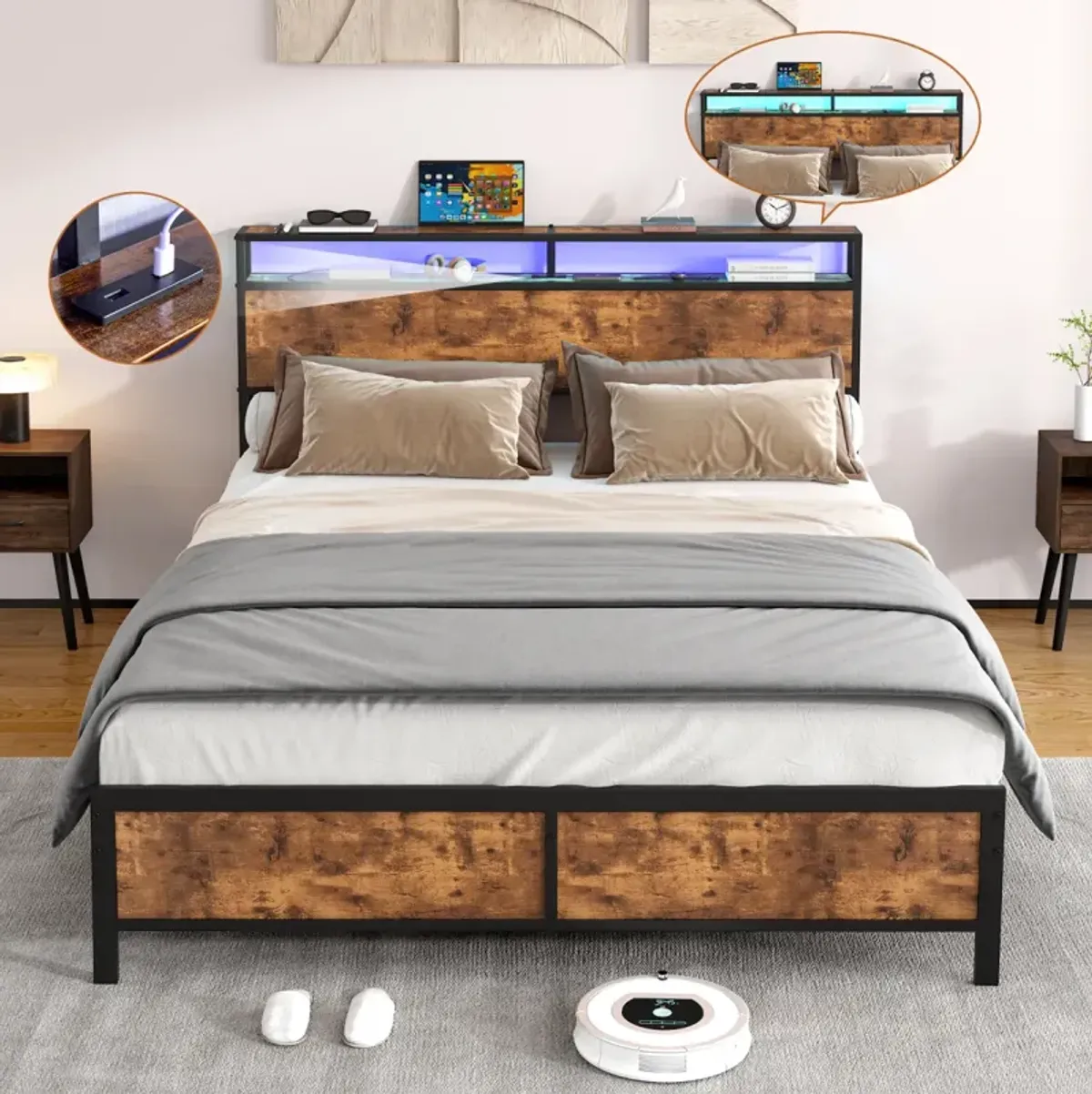 Rustic Brown Industrial Queen Bed Frame with LED Lights, USB Ports & Storage