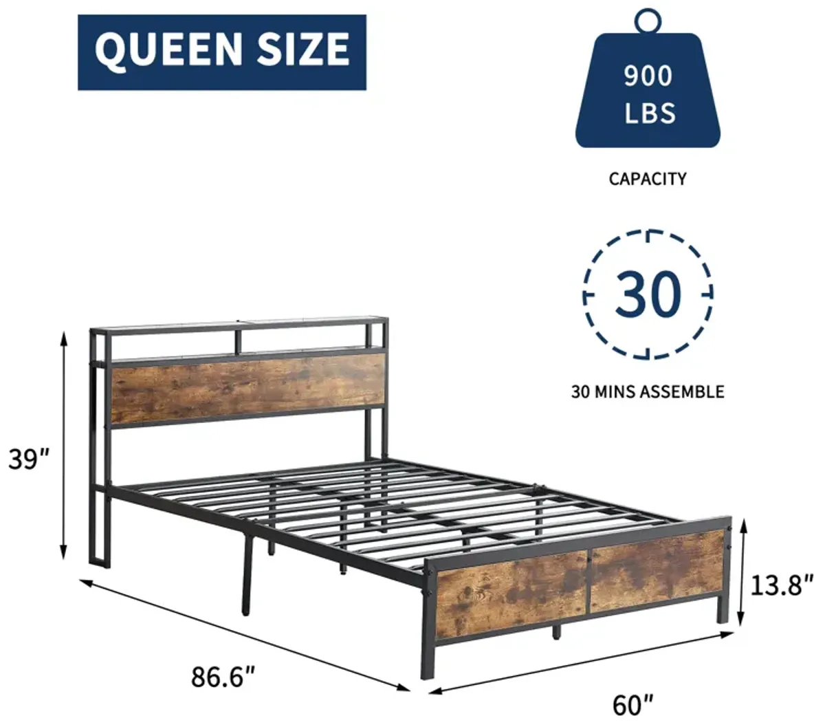 Rustic Brown Industrial Queen Bed Frame with LED Lights, USB Ports & Storage