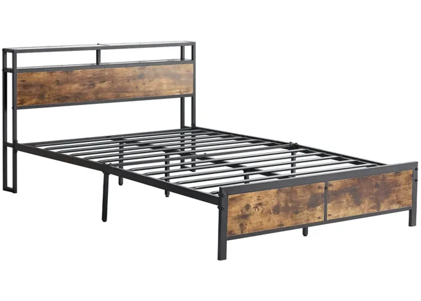 Rustic Brown Industrial Queen Bed Frame with LED Lights, USB Ports & Storage