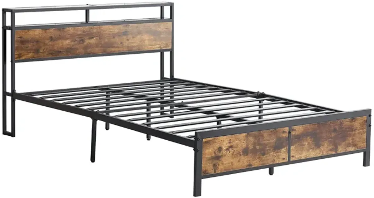 Rustic Brown Industrial Queen Bed Frame with LED Lights, USB Ports & Storage