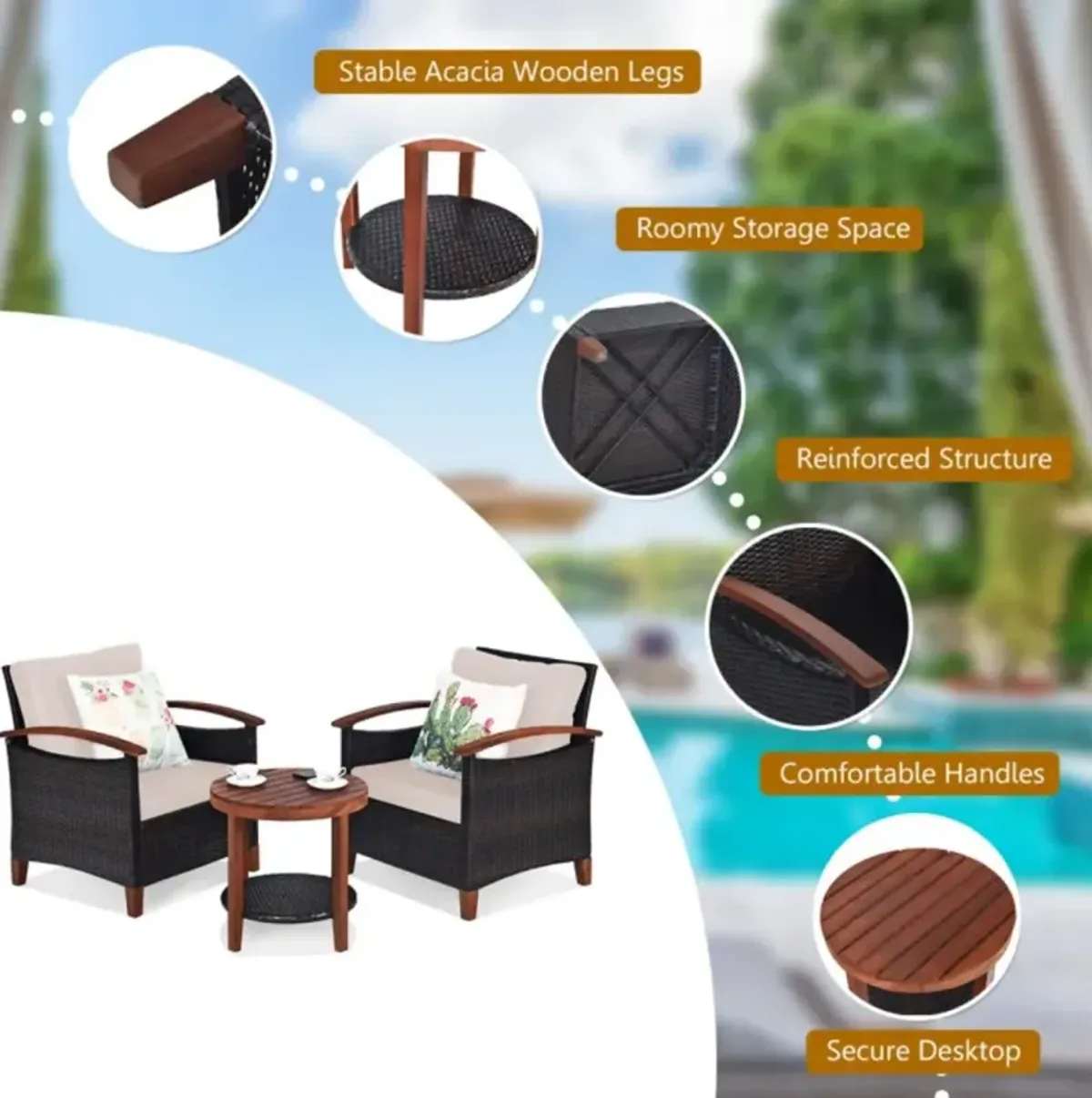 Hivvago 3 Pieces Patio Wicker Furniture Set with Washable Cushion and Acacia Wood Tabletop