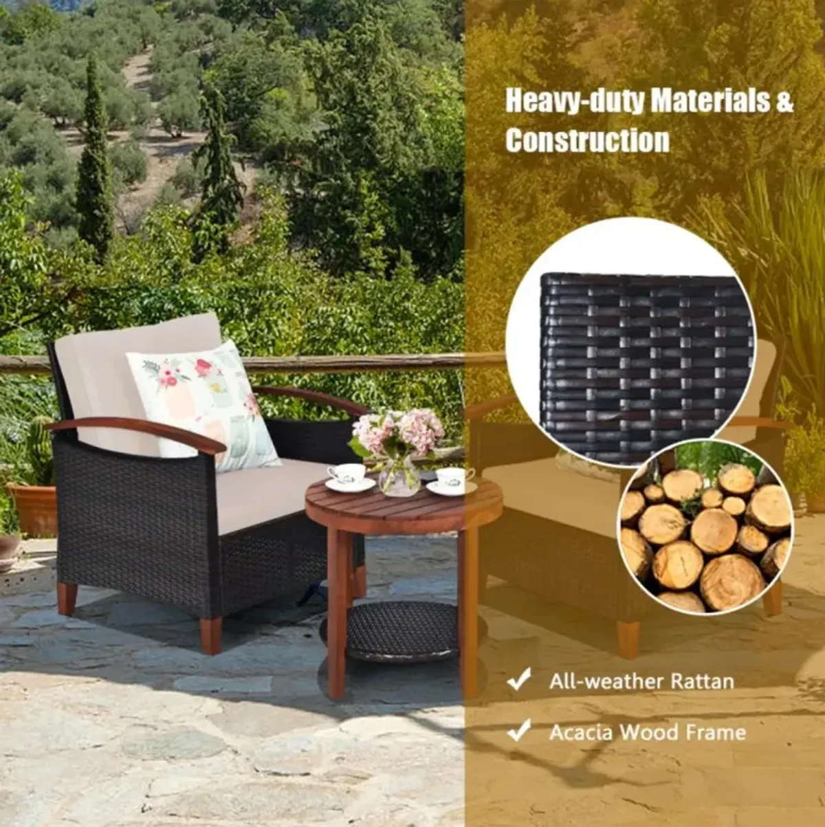 Hivvago 3 Pieces Patio Wicker Furniture Set with Washable Cushion and Acacia Wood Tabletop