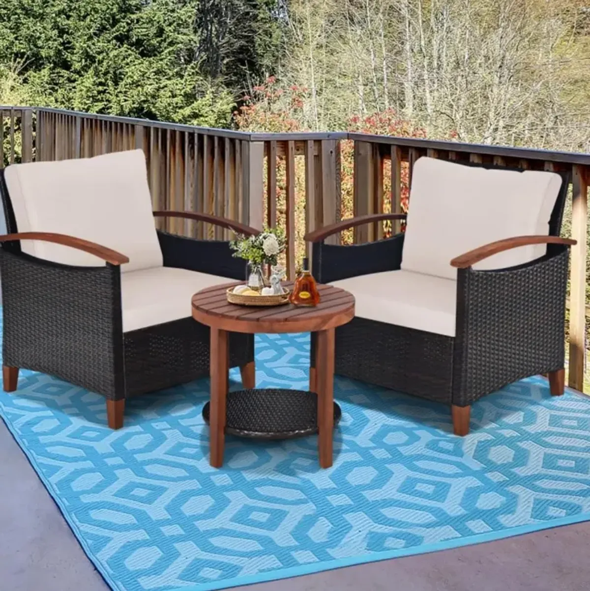 Hivvago 3 Pieces Patio Wicker Furniture Set with Washable Cushion and Acacia Wood Tabletop