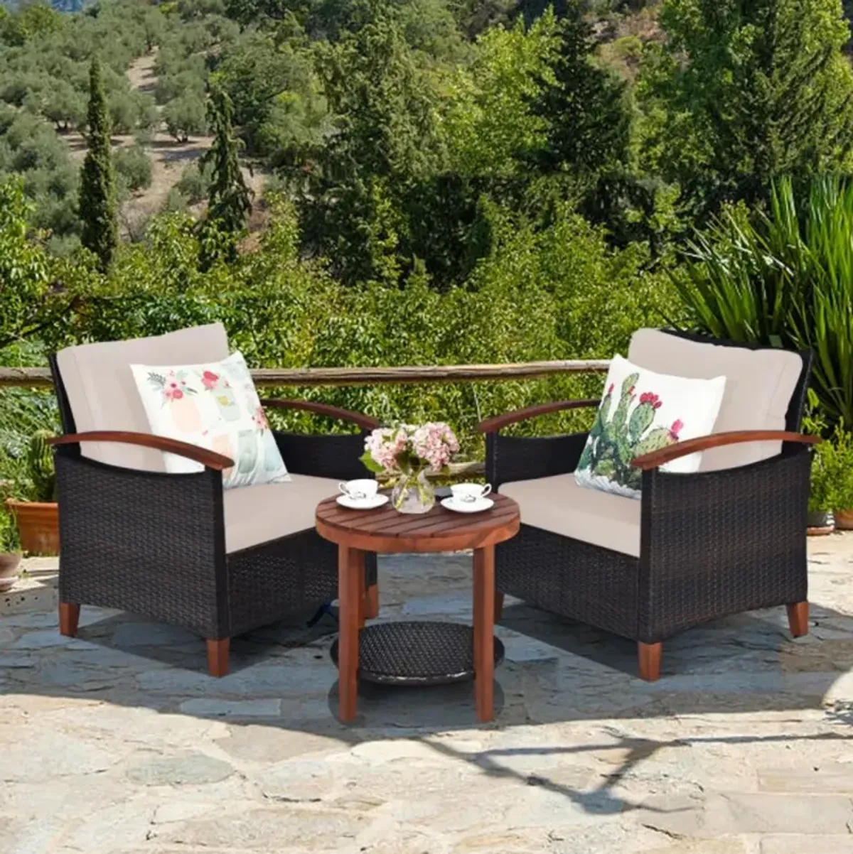 Hivvago 3 Pieces Patio Wicker Furniture Set with Washable Cushion and Acacia Wood Tabletop