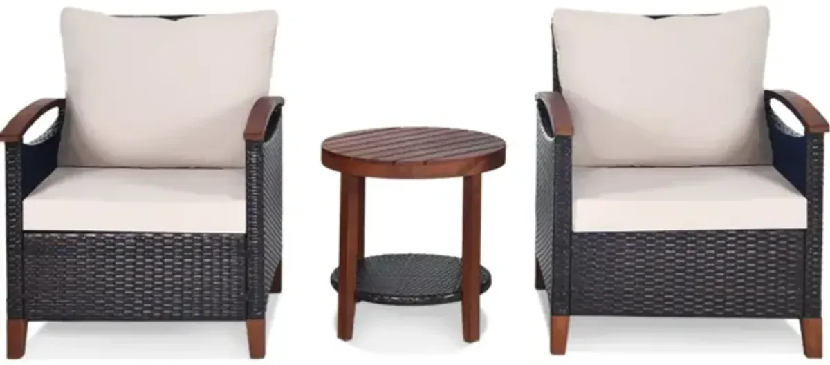 Hivvago 3 Pieces Patio Wicker Furniture Set with Washable Cushion and Acacia Wood Tabletop