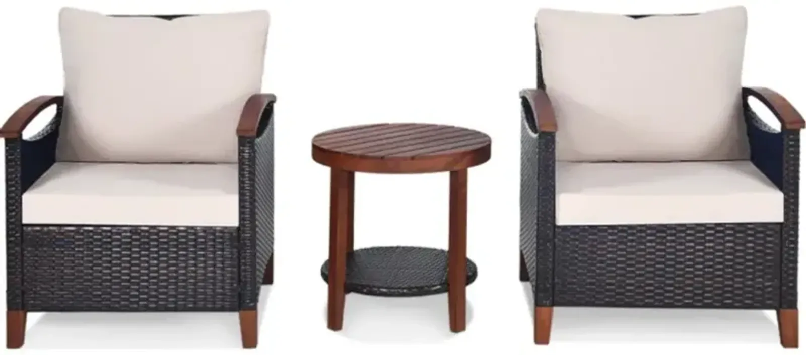 Hivvago 3 Pieces Patio Wicker Furniture Set with Washable Cushion and Acacia Wood Tabletop