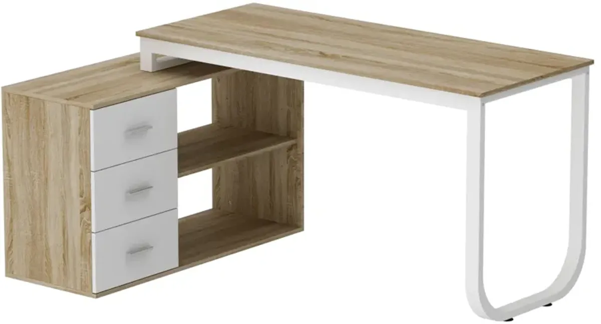 55.1 in. L-Shaped Oak and White Wood Writing Desk Corner Gaming Desk With 2-Tier Shelves and 3-Drawers Home Office Use