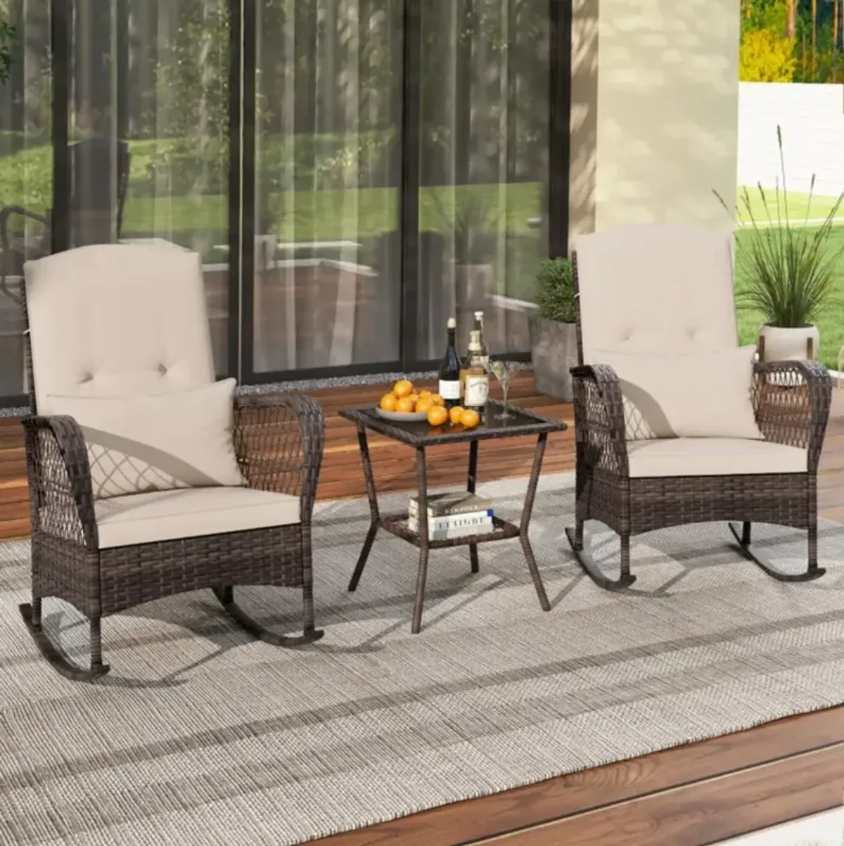 Hivvago 3 Pieces Rocking Bistro Set with 2-Tier Coffee Table