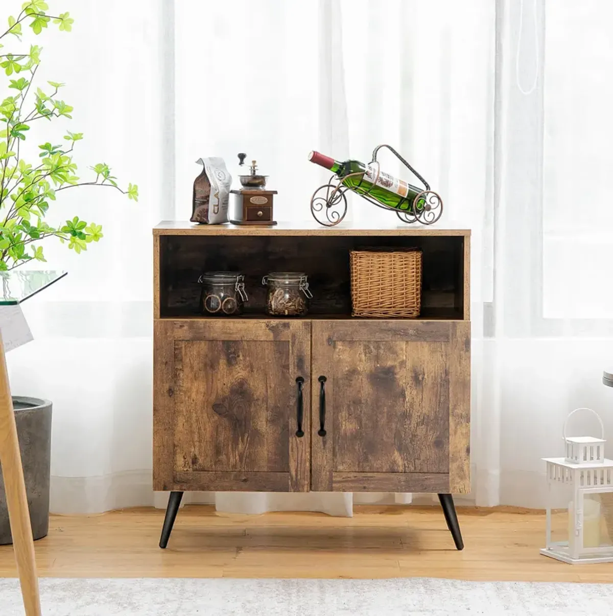 Mid-century Wooden Storage Cabinet Wine Glass Holders-Rustic Brown