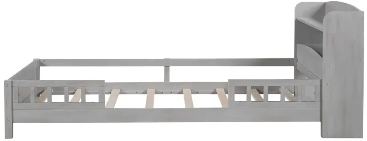 Whisen Wood Twin Size Platform Bed with Built-in LED Light, Storage Headboard and Guardrail