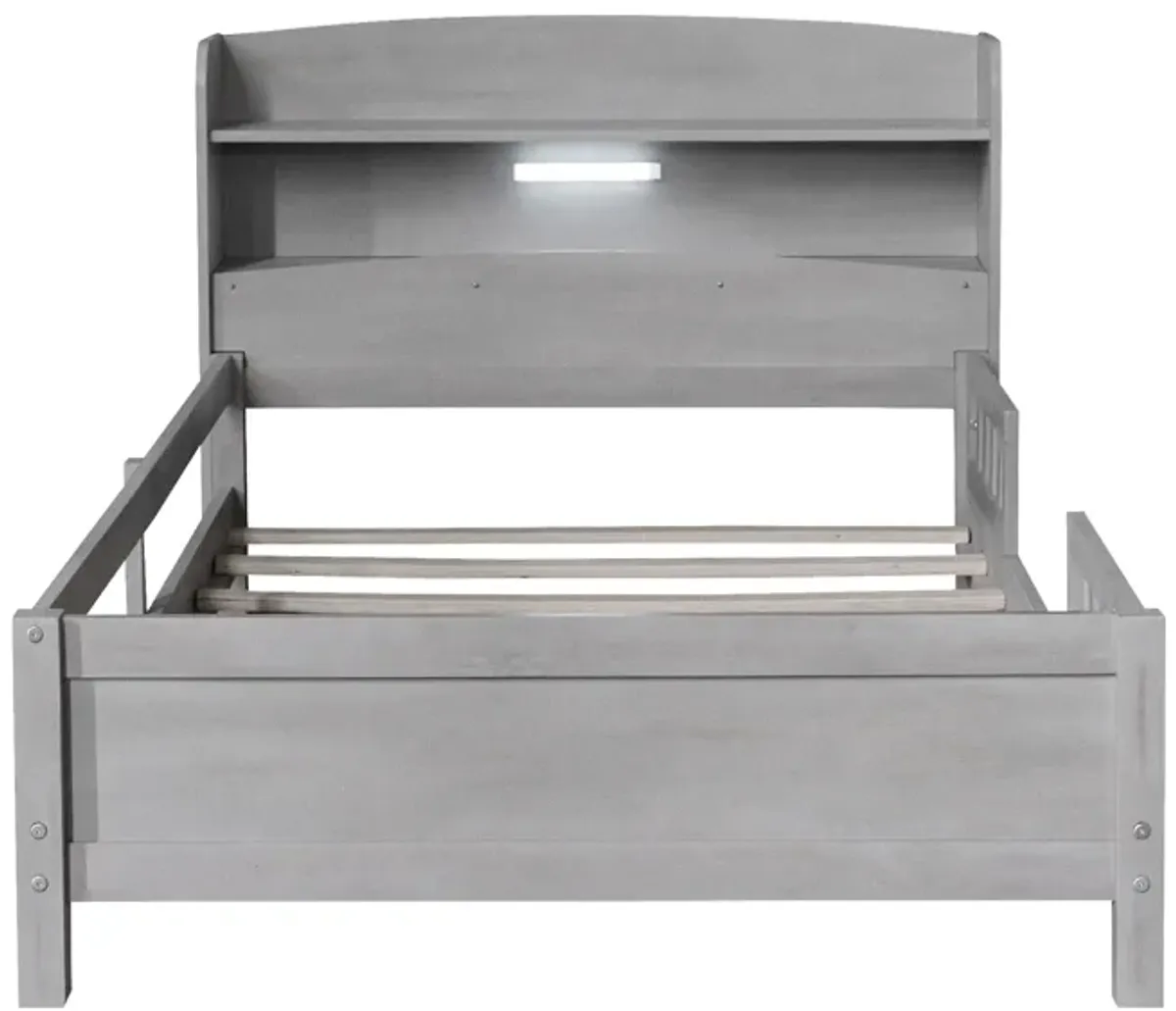 Whisen Wood Twin Size Platform Bed with Built-in LED Light, Storage Headboard and Guardrail