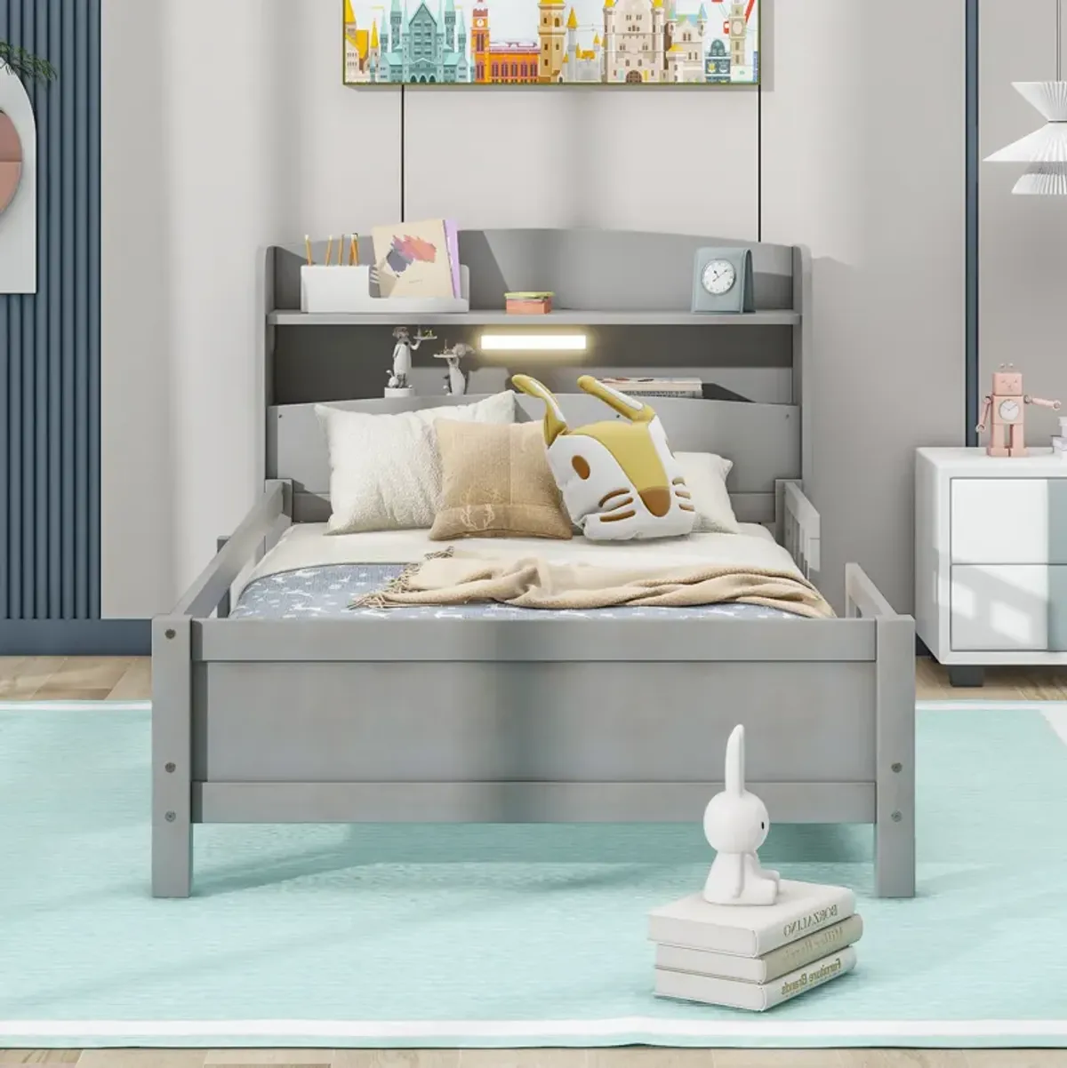 Whisen Wood Twin Size Platform Bed with Built-in LED Light, Storage Headboard and Guardrail