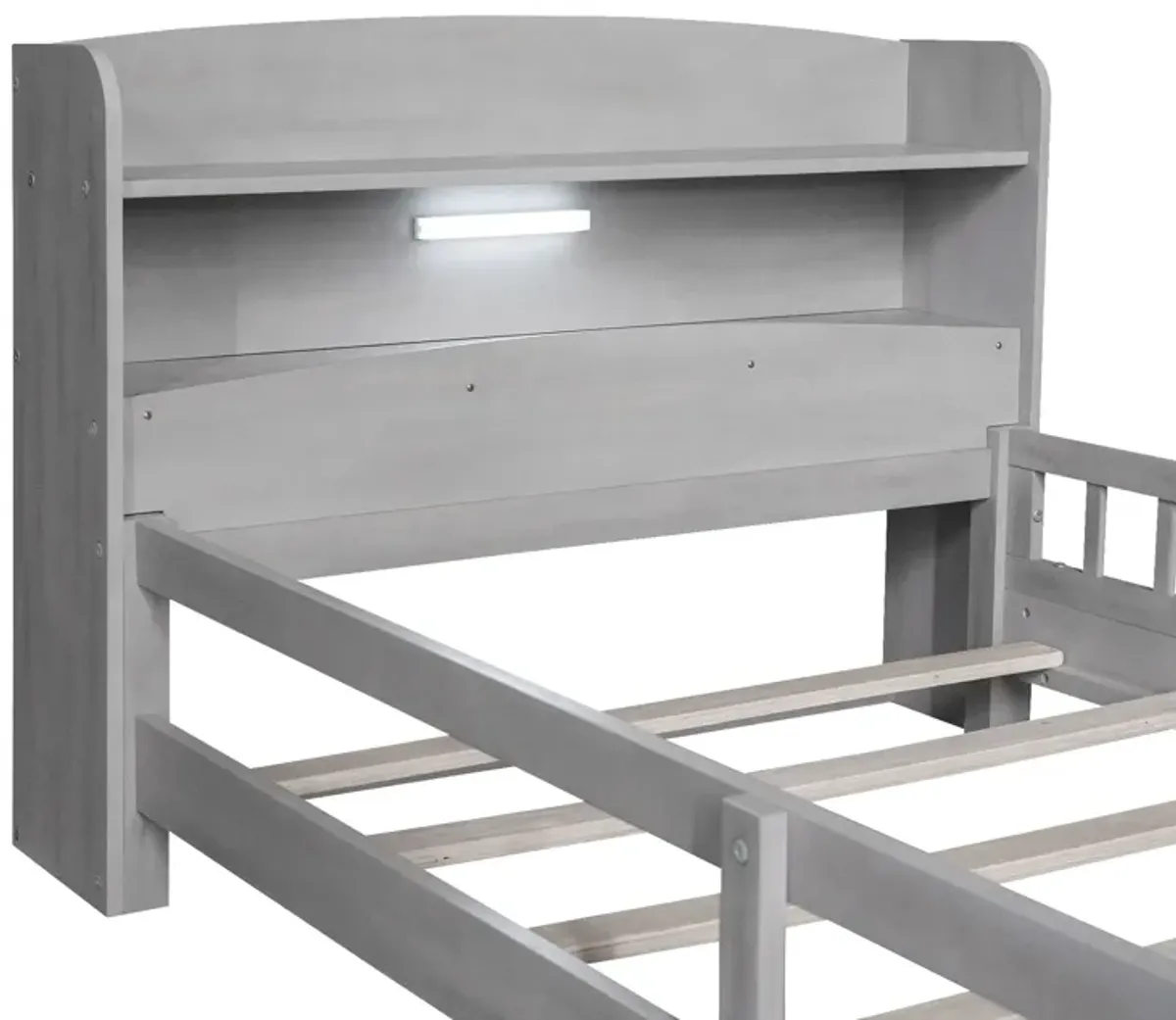 Whisen Wood Twin Size Platform Bed with Built-in LED Light, Storage Headboard and Guardrail