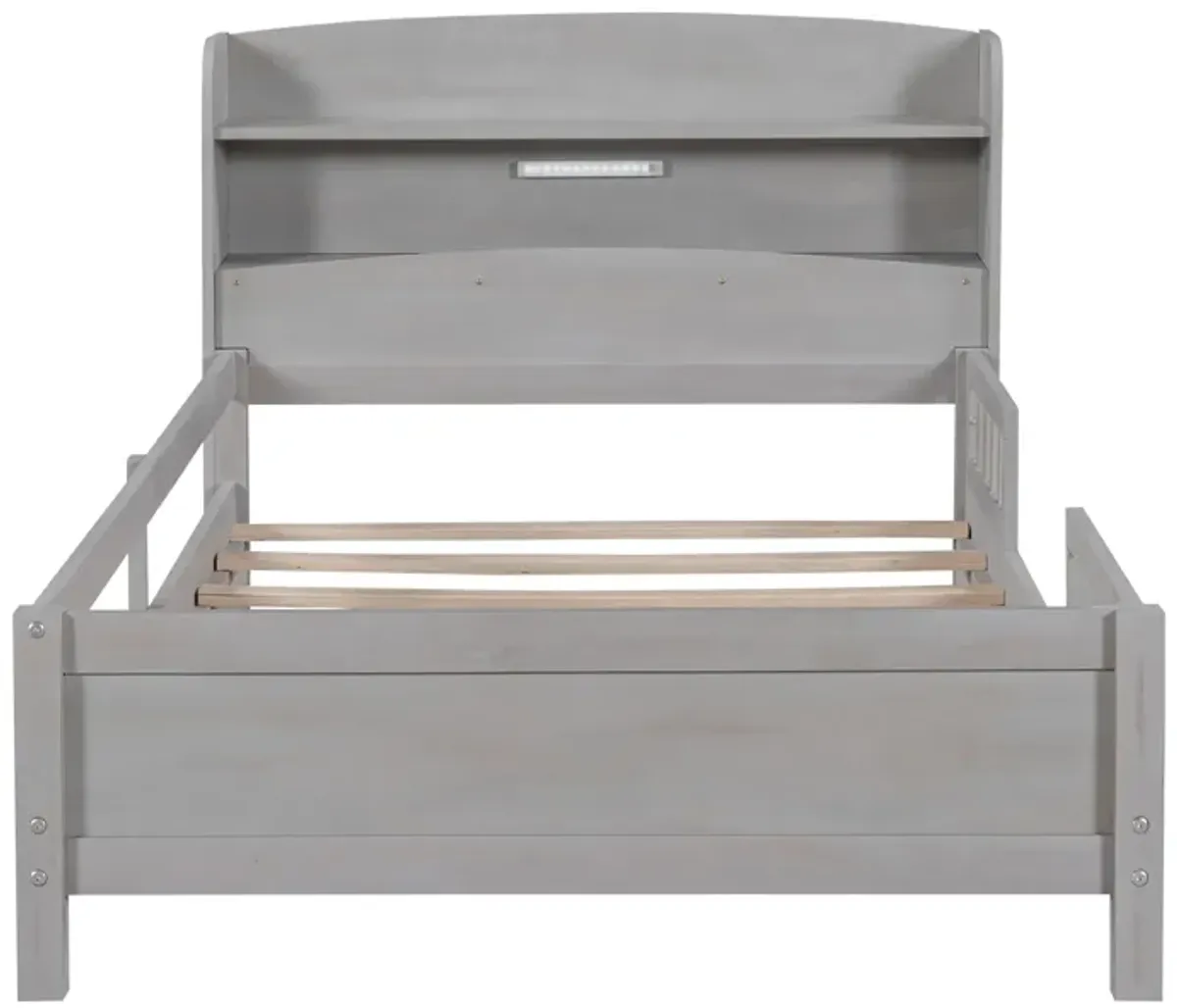 Whisen Wood Twin Size Platform Bed with Built-in LED Light, Storage Headboard and Guardrail