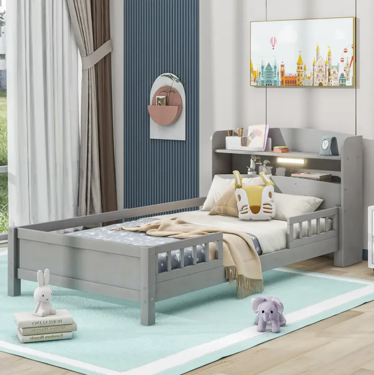 Whisen Wood Twin Size Platform Bed with Built-in LED Light, Storage Headboard and Guardrail