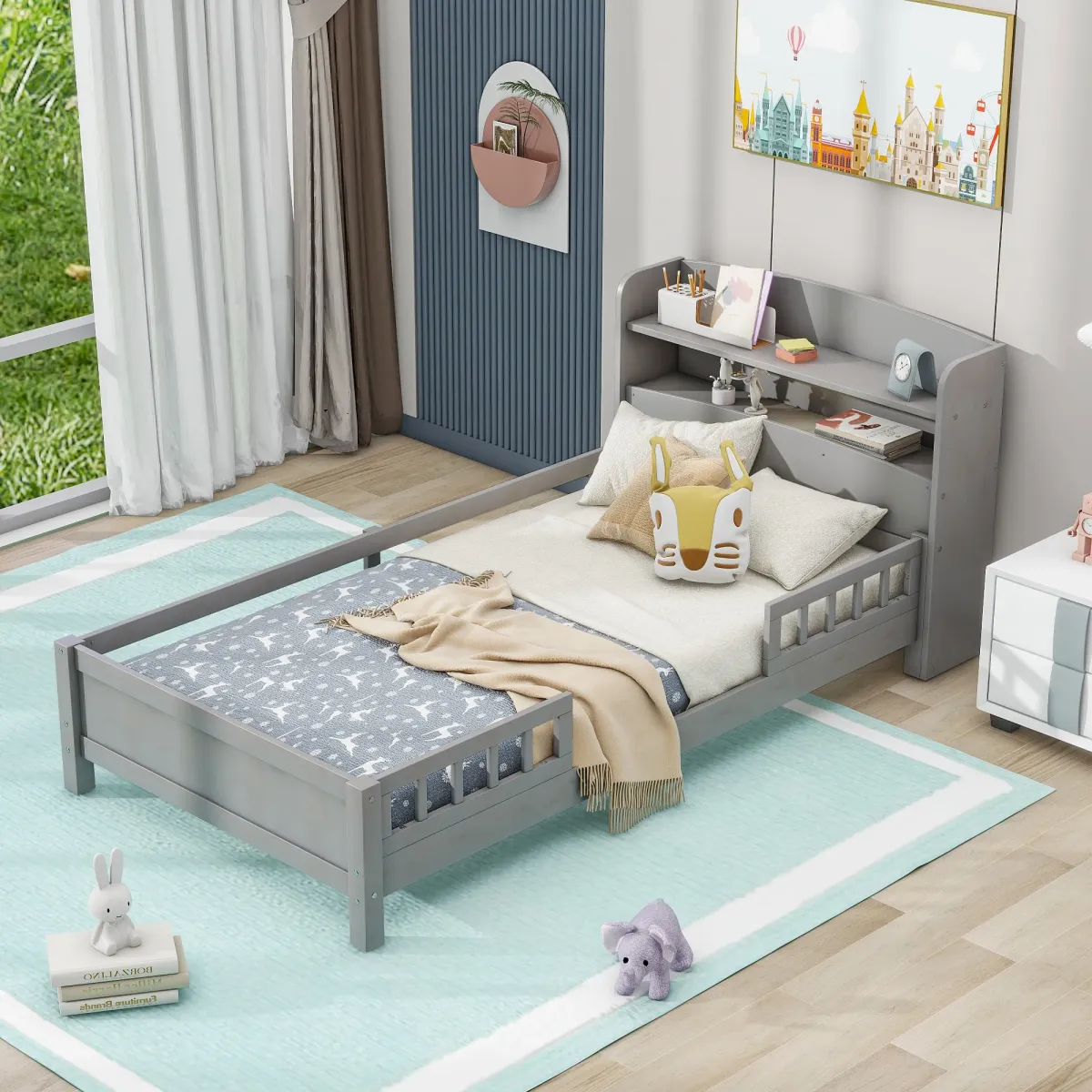Whisen Wood Twin Size Platform Bed with Built-in LED Light, Storage Headboard and Guardrail