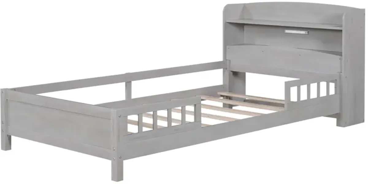 Whisen Wood Twin Size Platform Bed with Built-in LED Light, Storage Headboard and Guardrail
