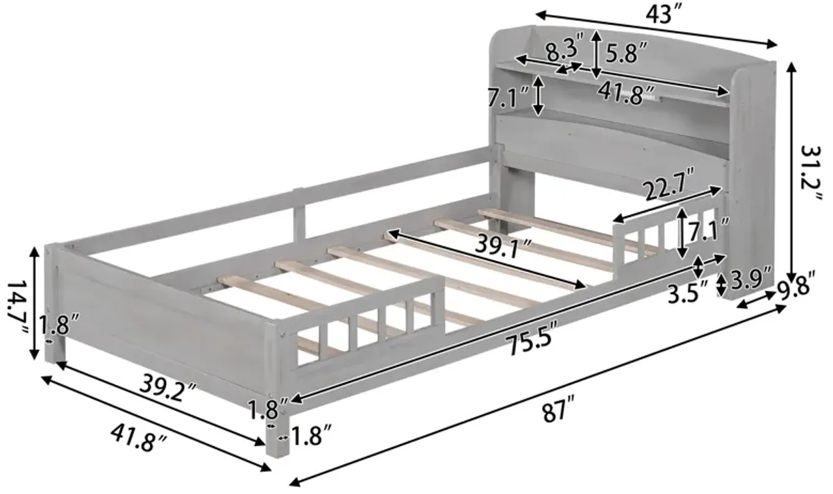 Whisen Wood Twin Size Platform Bed with Built-in LED Light, Storage Headboard and Guardrail