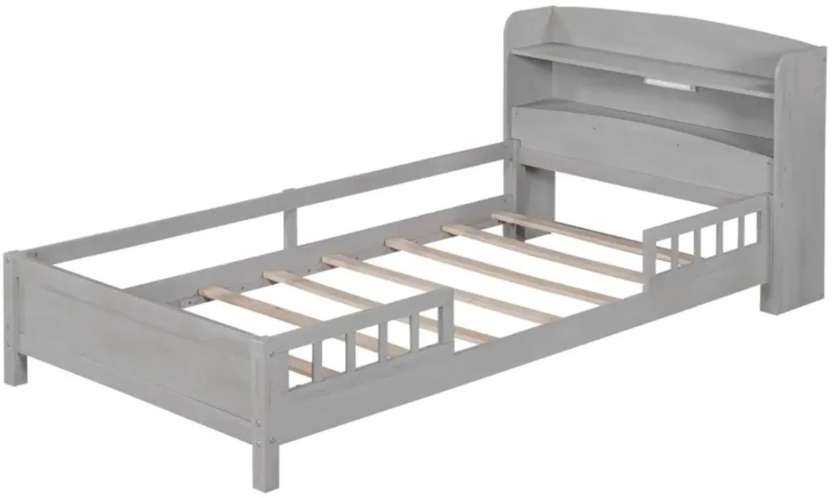 Whisen Wood Twin Size Platform Bed with Built-in LED Light, Storage Headboard and Guardrail