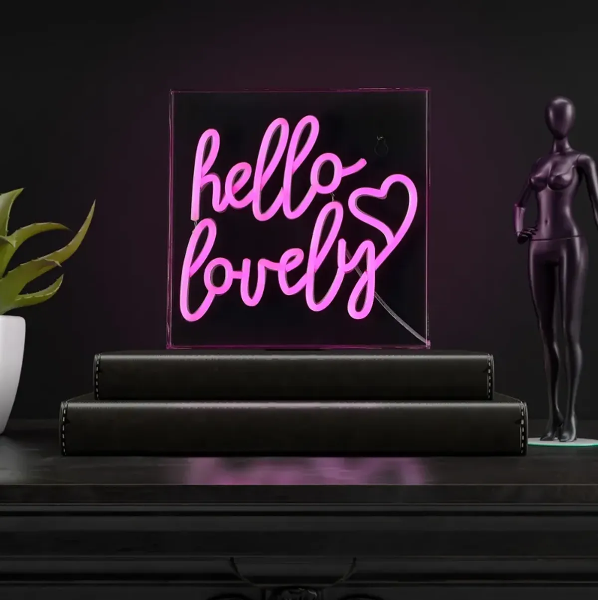 Hello Lovely 10" Square Contemporary Glam Acrylic Box USB Operated LED Neon Light, Pink