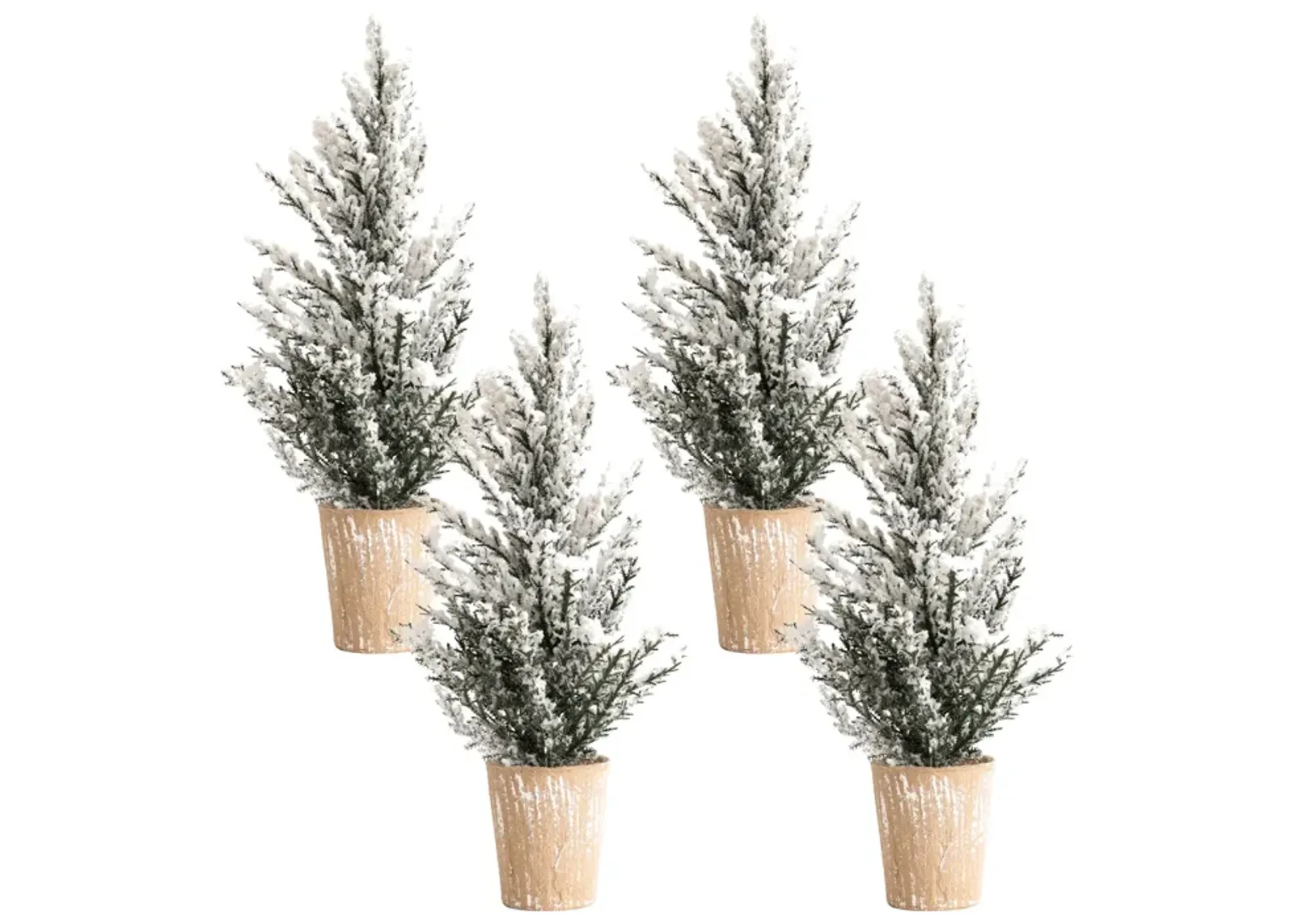 Set of 4 Flocked Holiday Pine Trees with Plastic Pots for Festive Home Décor