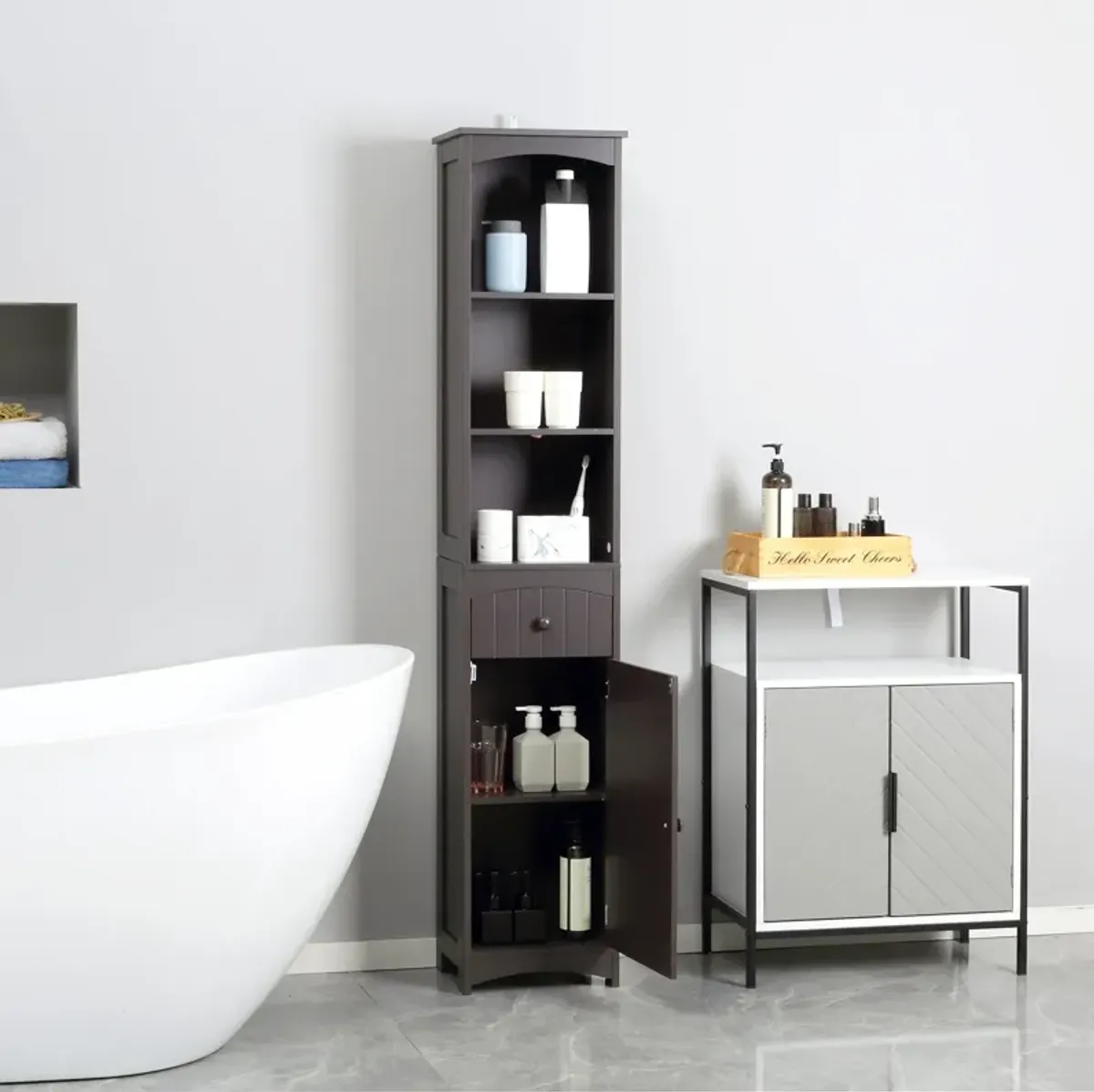 Brown Bathroom Storage: Tall Linen Tower with Shelves & Drawer