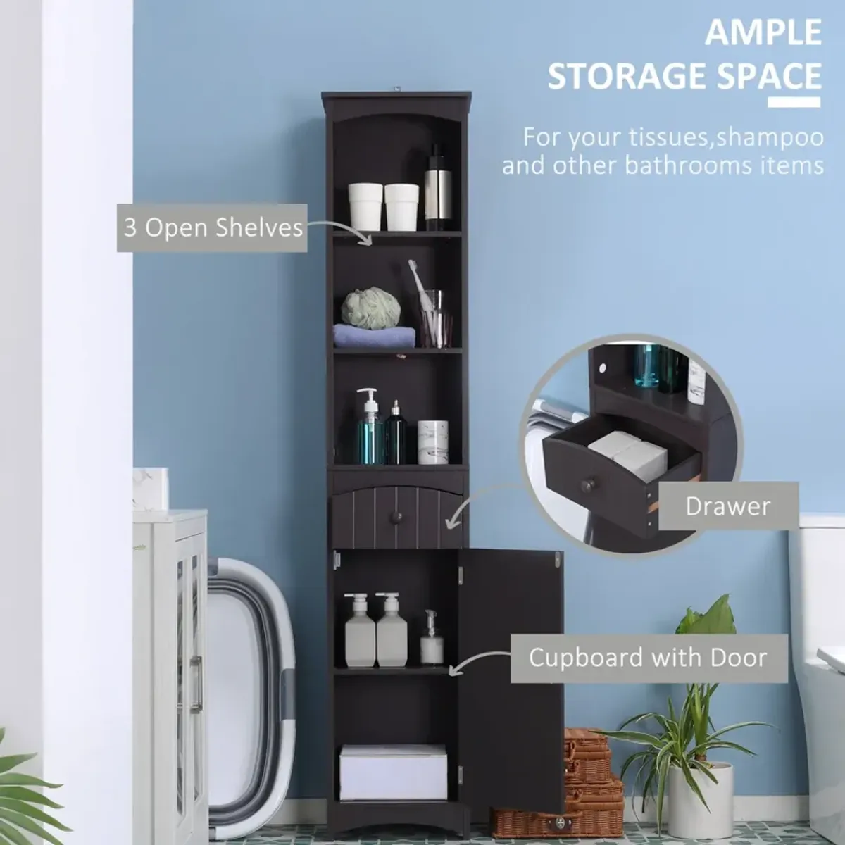 Brown Bathroom Storage: Tall Linen Tower with Shelves & Drawer