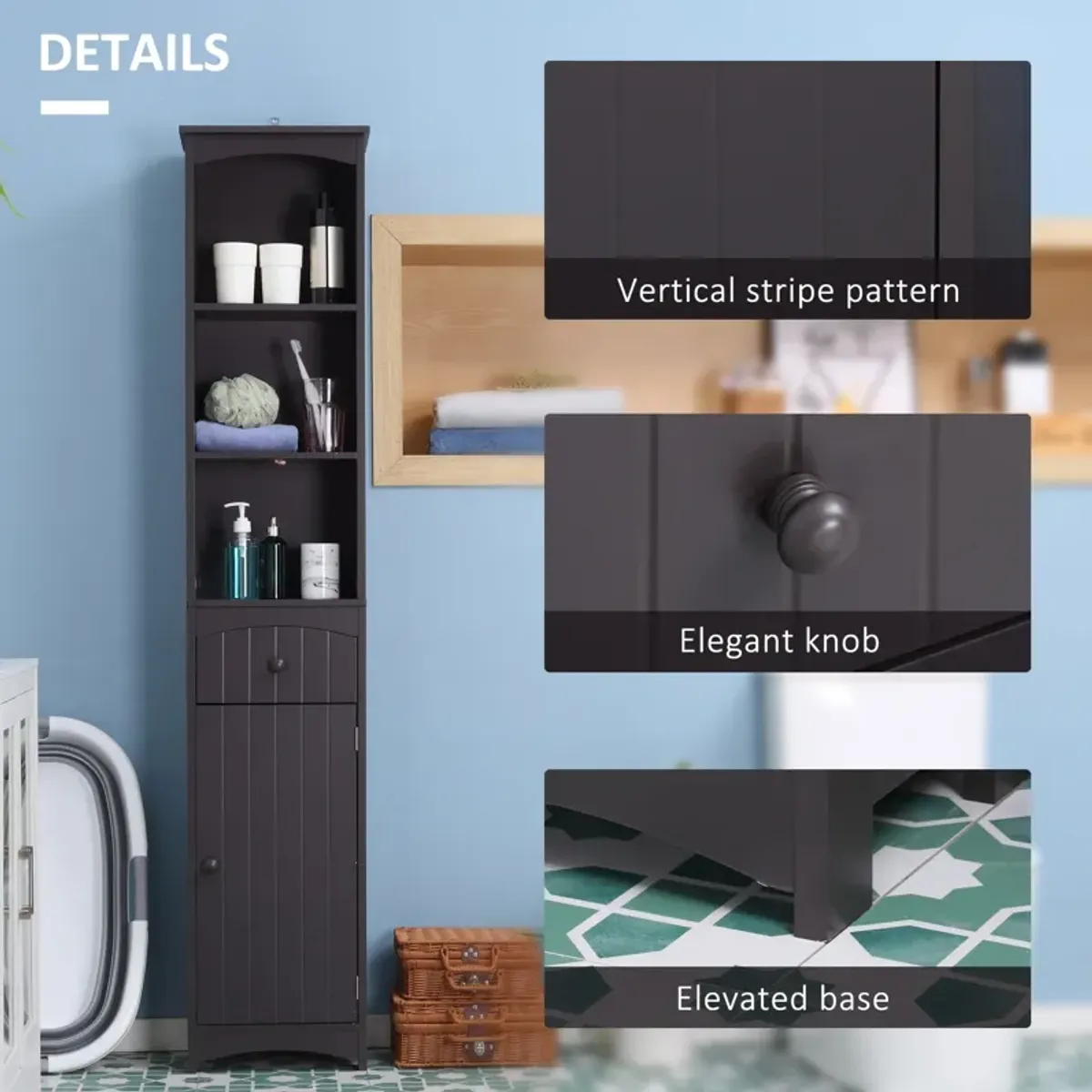 Brown Bathroom Storage: Tall Linen Tower with Shelves & Drawer