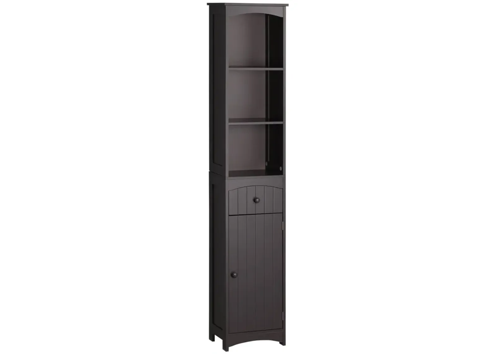 Brown Bathroom Storage: Tall Linen Tower with Shelves & Drawer