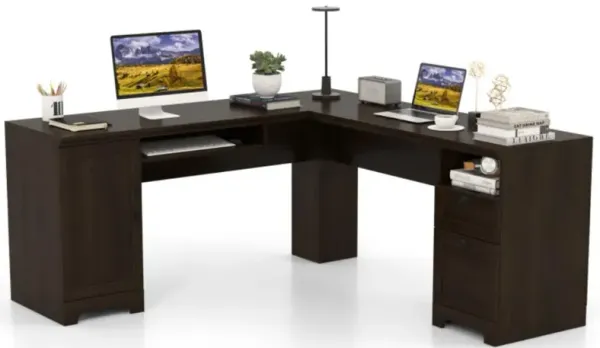 Hivvago 66 Inch L-Shaped Writing Study Workstation Computer Desk with Drawers-Coffee