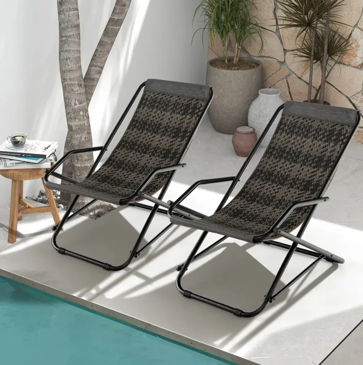 Outdoor Patio PE Wicker Rocking Chair with Armrests and Metal Frame-Grey