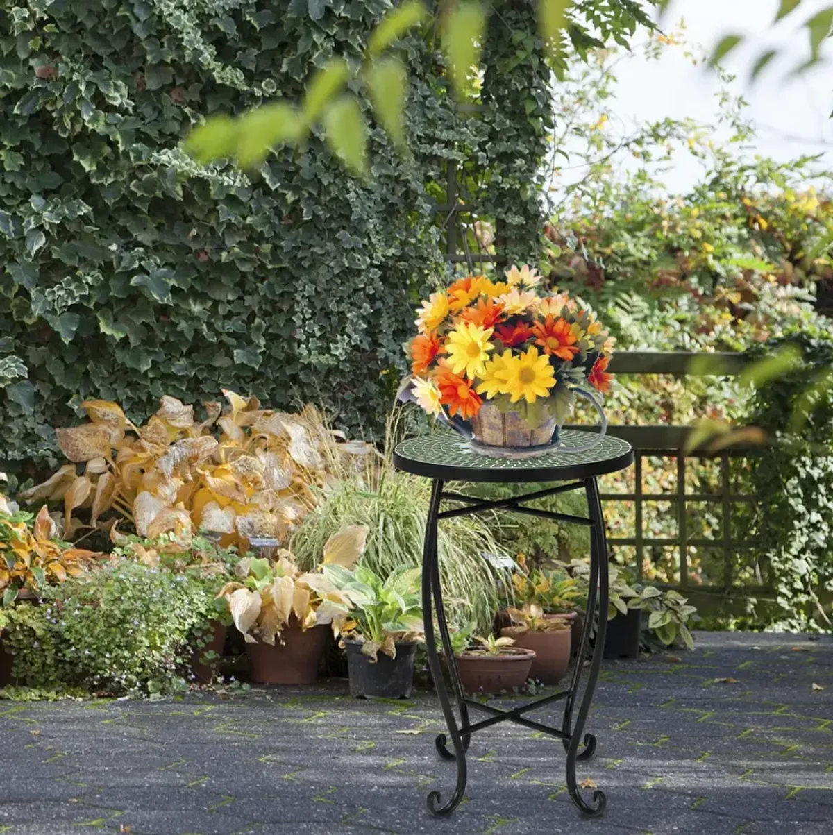 Round Terrace Bistro Table with Floral Mosaic Design for Elegant Patio & Garden Décor