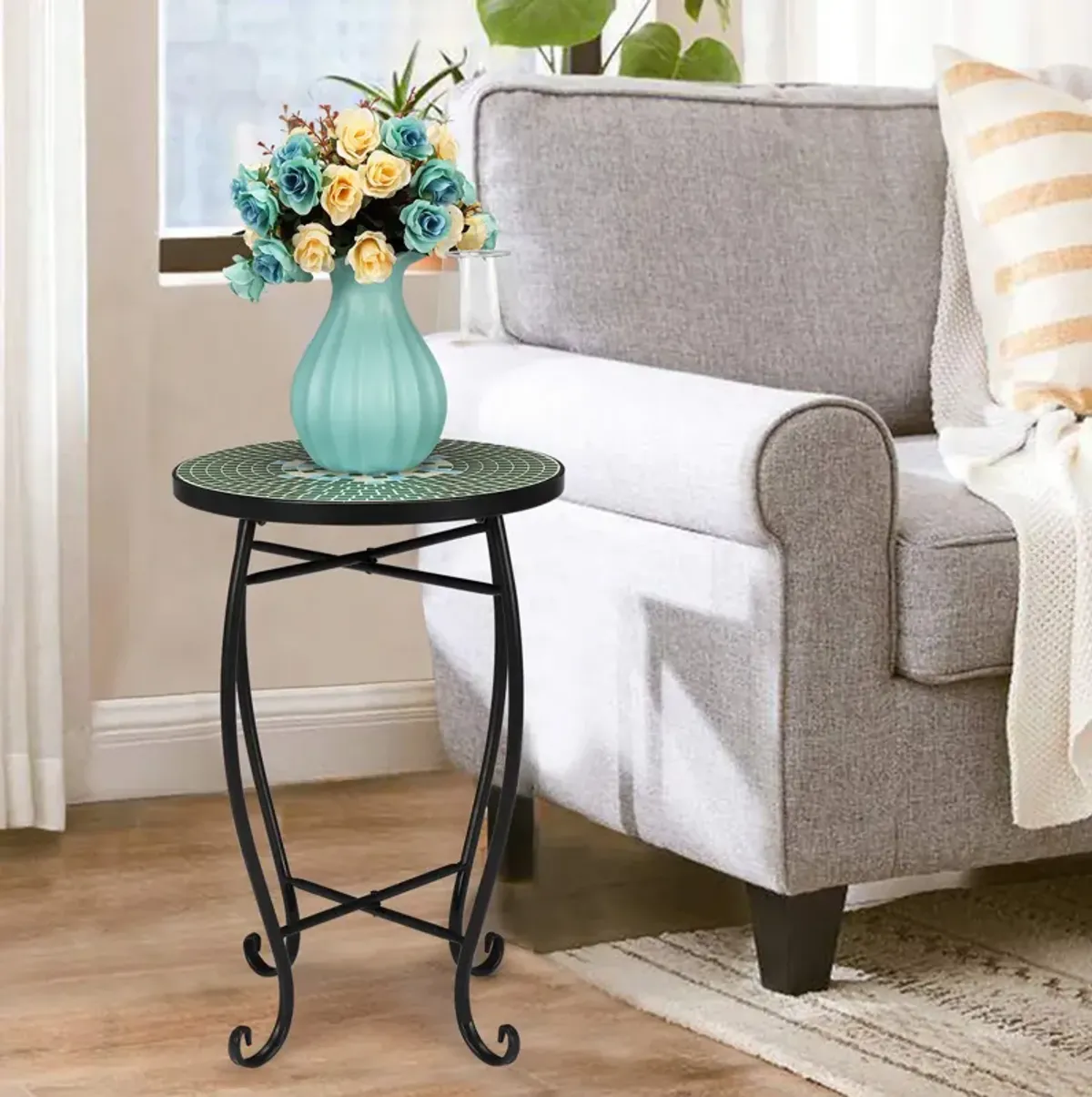 Round Terrace Bistro Table with Floral Mosaic Design for Elegant Patio & Garden Décor