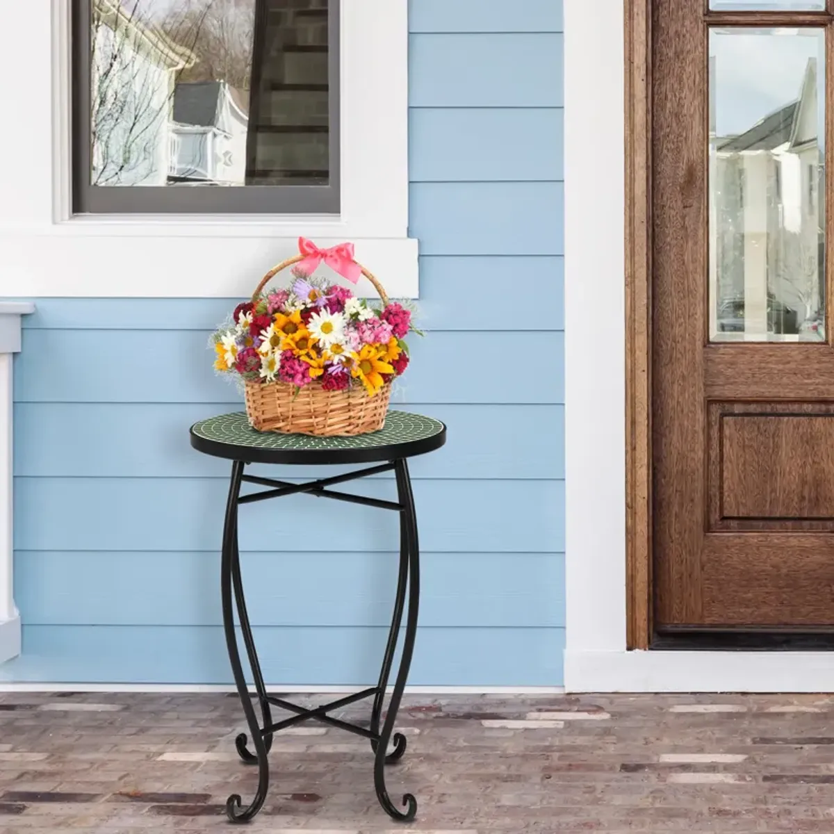 Round Terrace Bistro Table with Floral Mosaic Design for Elegant Patio & Garden Décor