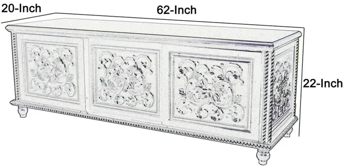 Hand Carved TV Console with Floral Motifs and 3 Sliding Doors, Black - Benzara