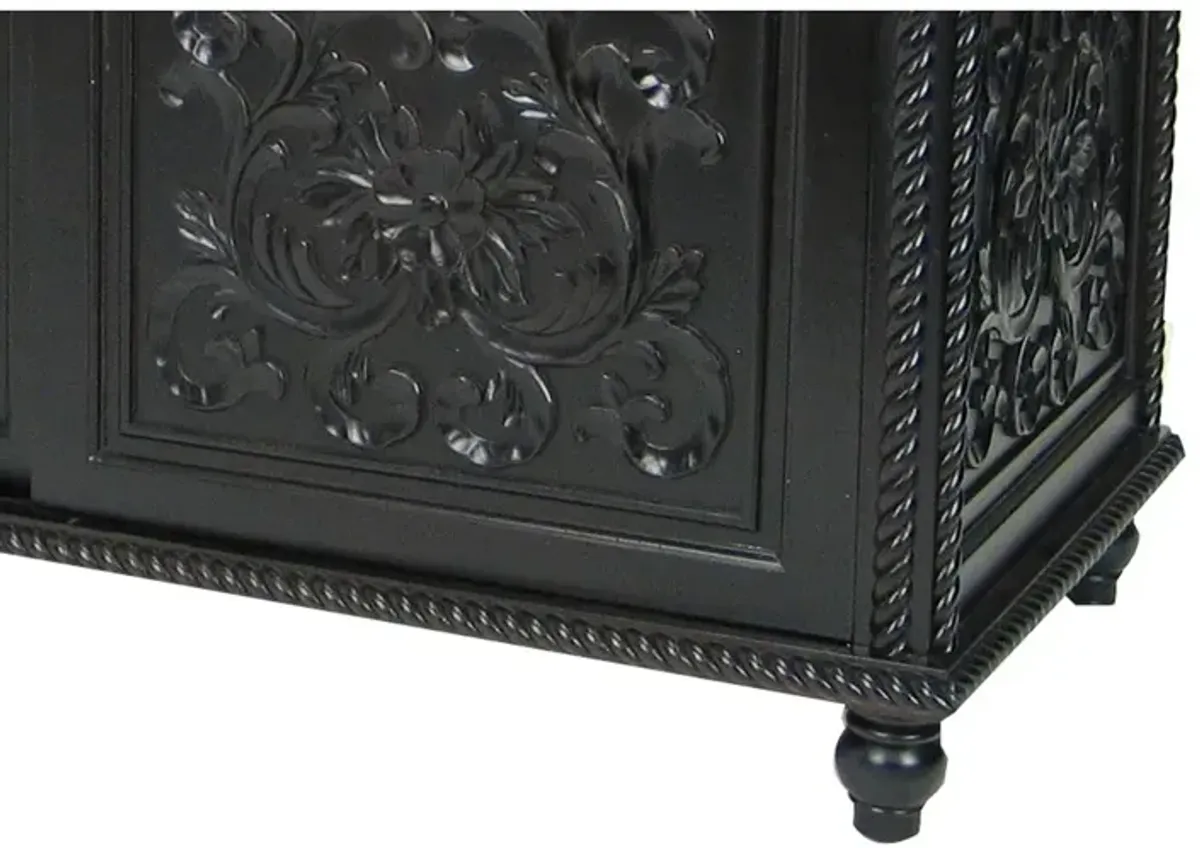 Hand Carved TV Console with Floral Motifs and 3 Sliding Doors, Black - Benzara