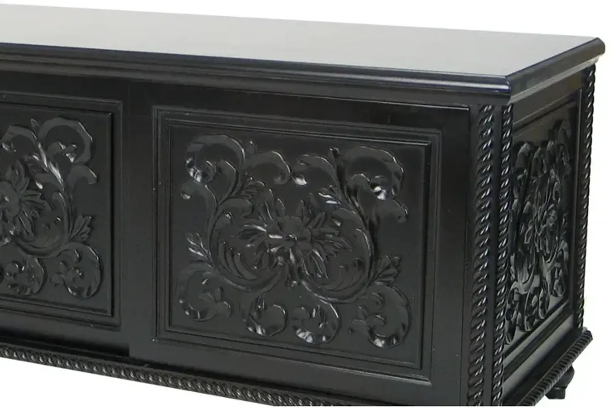 Hand Carved TV Console with Floral Motifs and 3 Sliding Doors, Black - Benzara