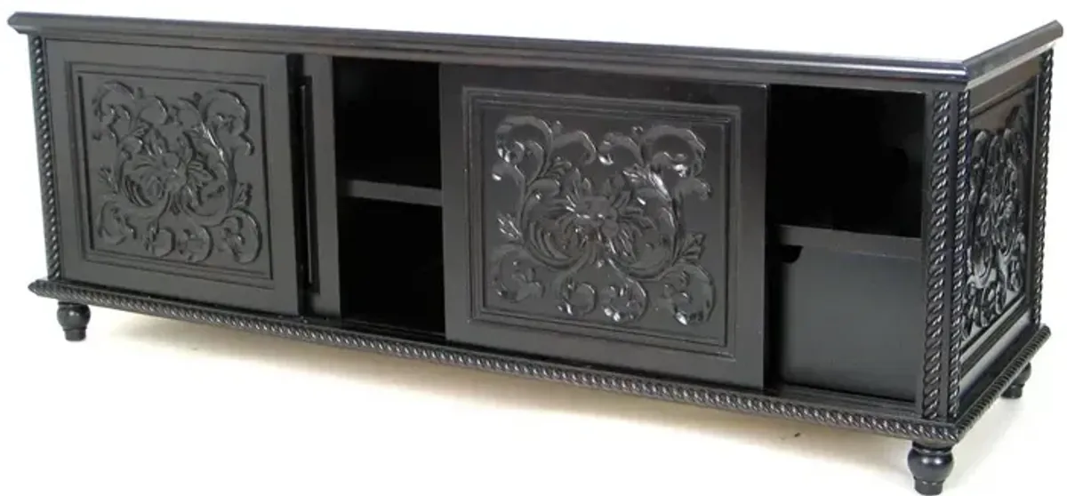 Hand Carved TV Console with Floral Motifs and 3 Sliding Doors, Black - Benzara