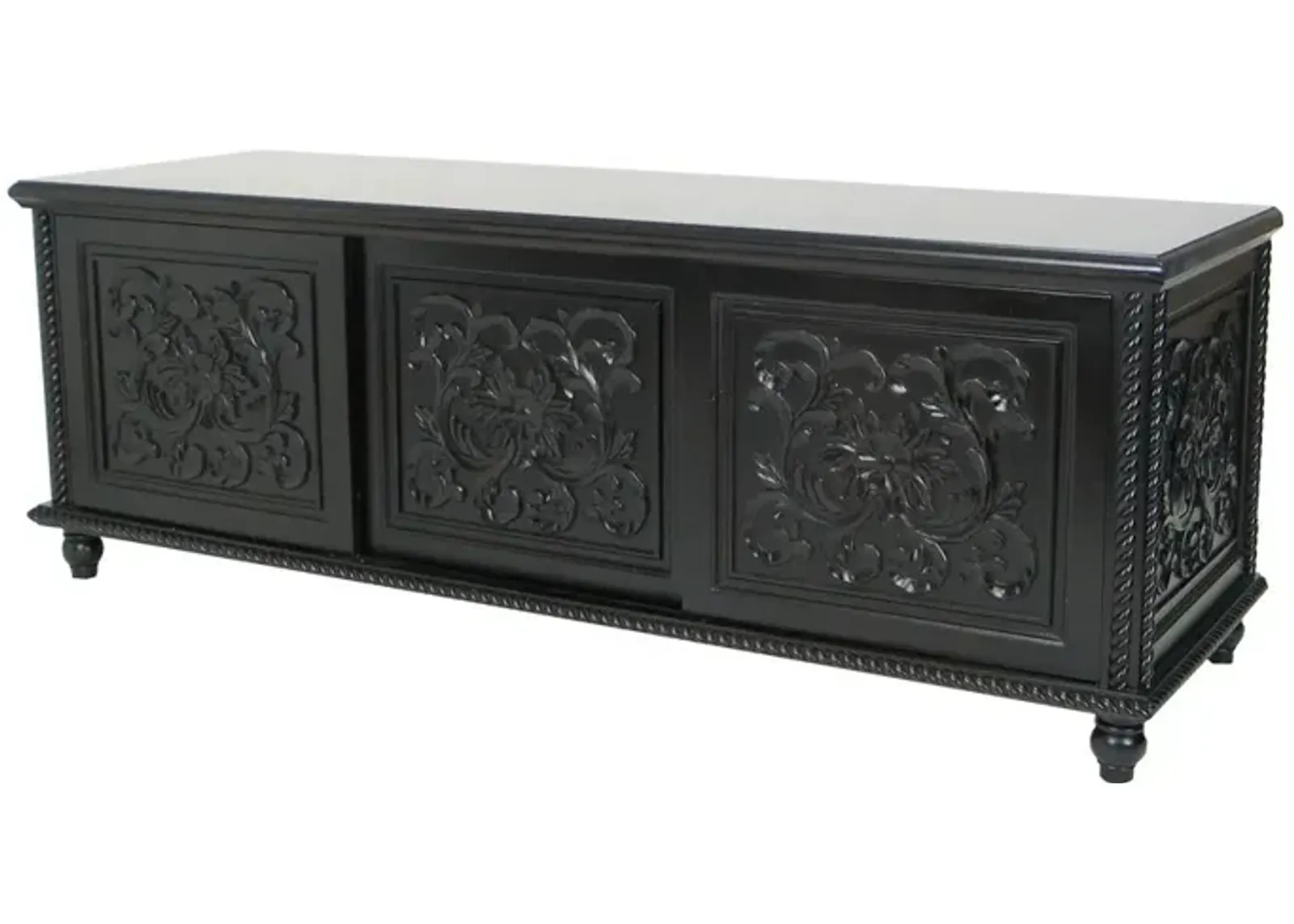 Hand Carved TV Console with Floral Motifs and 3 Sliding Doors, Black - Benzara