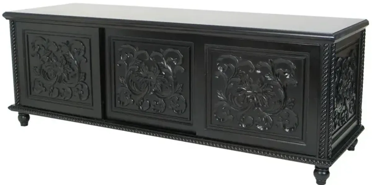 Hand Carved TV Console with Floral Motifs and 3 Sliding Doors, Black - Benzara