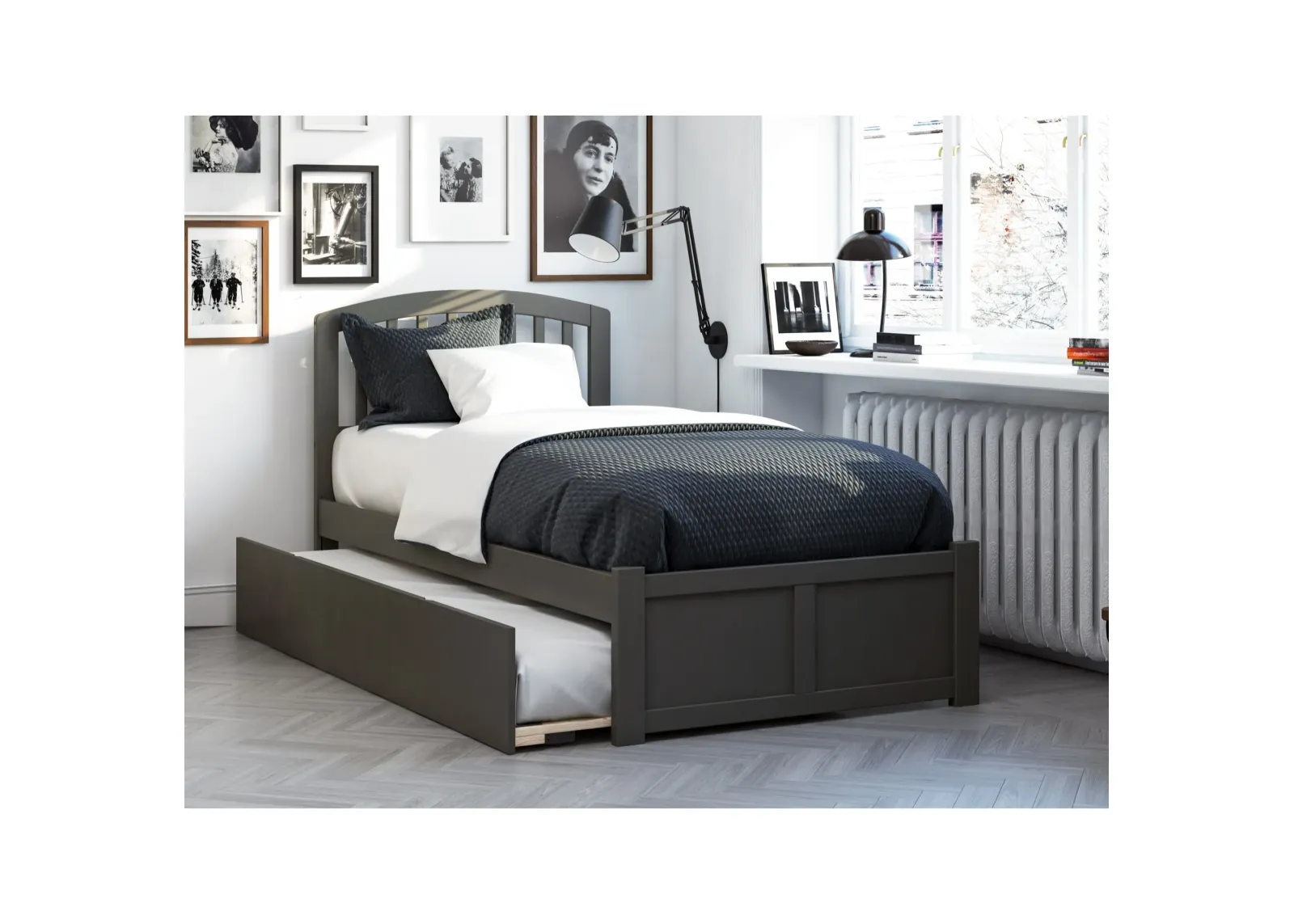 Richmond Twin Extra Long Bed with Footboard and Twin Extra Long Trundle in Grey