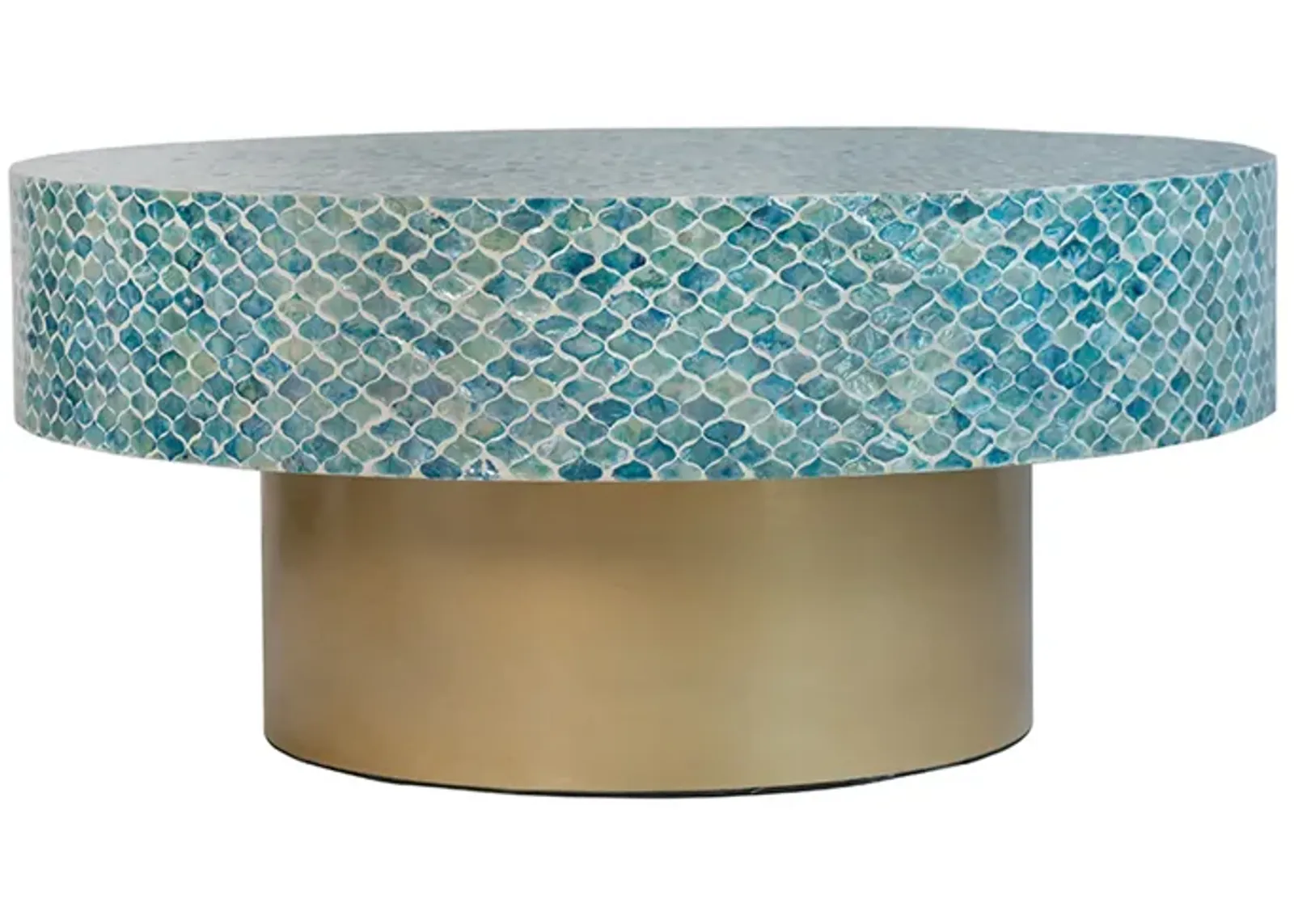 Piki 35 Inch Coffee Table, Round, Mughal Capiz Inlaid Pattern, Blue, Gold  - Benzara